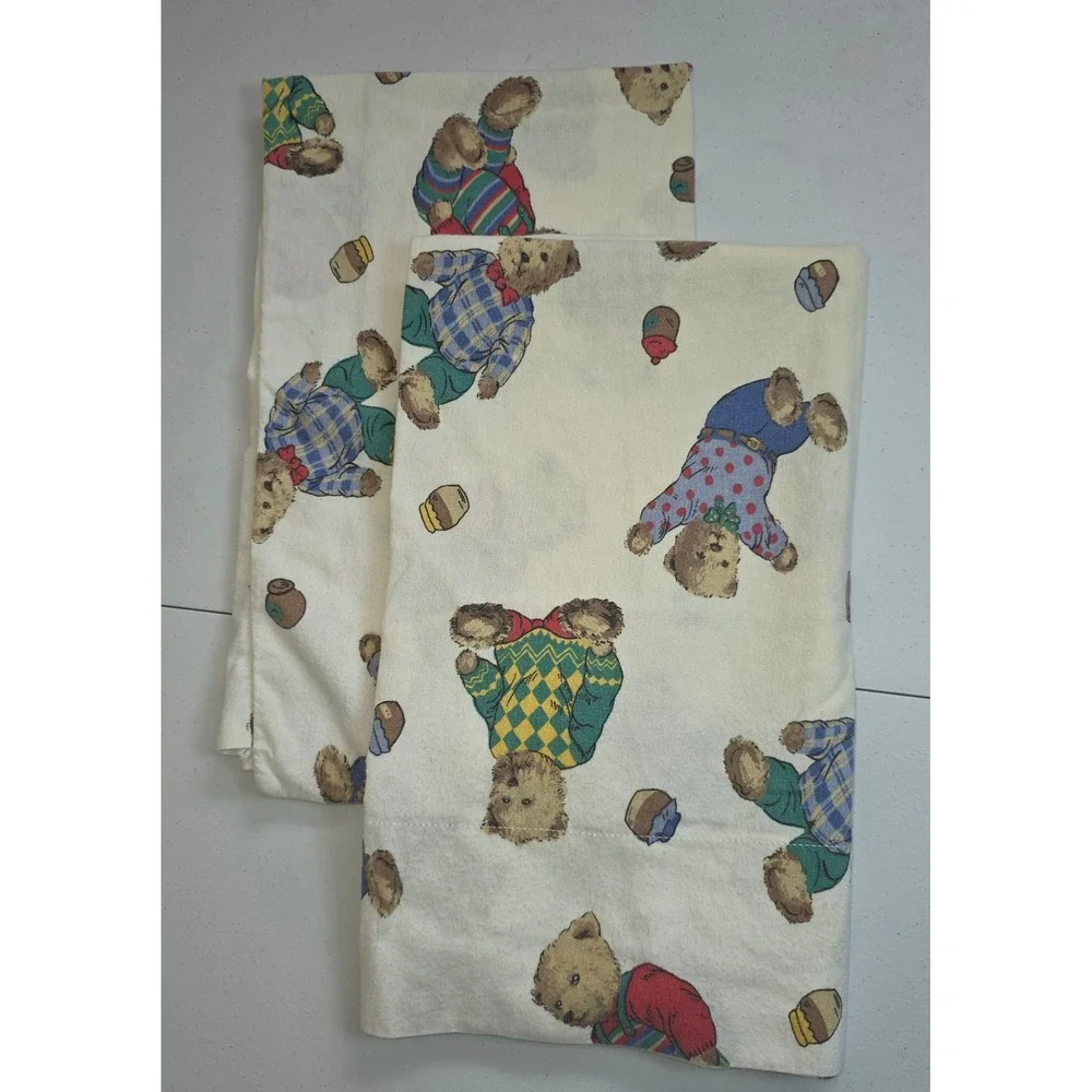 Vintage Teddy Bear Pillowcase Set of 2 Cream Honey Pot Plaid Argyle Print 20x30
